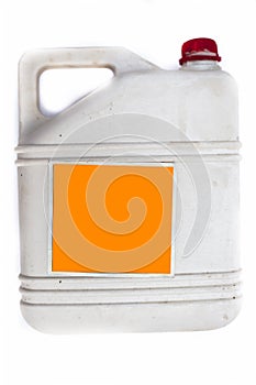 Close up of white colored Jerrican or plastic jerrican or jerry can isolate on white used for containing liquids.