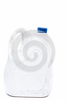 Close up of white colored Jerrican or plastic jerrican or jerry can isolate on white used for containing liquids.