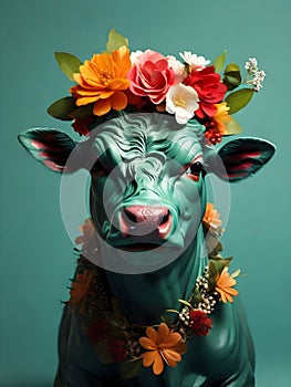 Close up, white cow wearing a colorful big flower crown. Very minimalistic style, green background