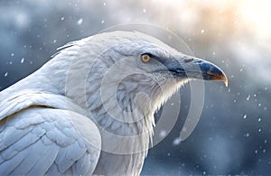 Close up of white crow with a yellow beak is standing in the snow