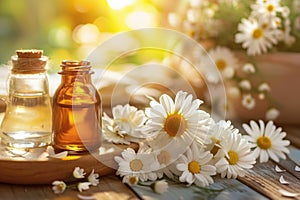 Close-up of white daisy blooms in a field on the setting sun