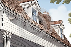 close-up of a white dutch colonials flared eave, magazine style illustration