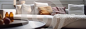 Vista de cerca de blanco tela sofá vistoso almohadas a de punto colcha. creado 