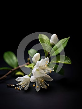 Close-up of white flower with green leaves and stems. The flower is in full bloom, showcasing its beauty and vibrancy
