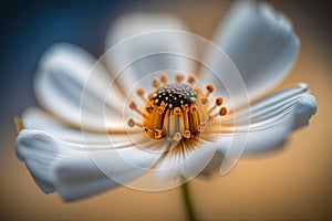 a close up of a white flower with yellow stamen.