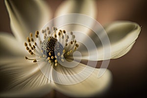 a close up of a white flower with yellow stamen.