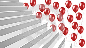 Close-up white glossy stairs with red balloons on background