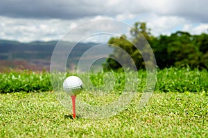 Close up of white golf ball on orange tee on green grass with blue sky and cloud and view of mountain background in sunny day.