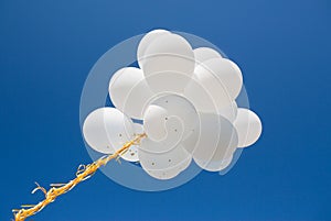 Close up of white helium balloons in blue sky