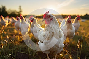 Close-up of white hen, free range chicken on the farm