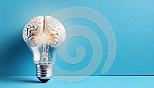 Human Brain inside the Glowing Light Bulb on a Blue Background - Generative Ai