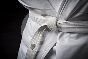 close-up of a white judo uniform gi with a black belt on a mat