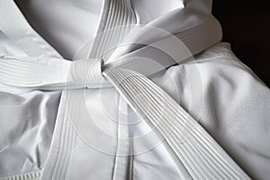 close-up of a white judo uniform gi with a black belt on a mat