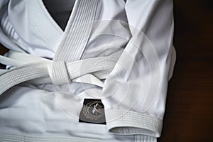 close-up of a white judo uniform gi with a black belt on a mat