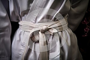 close-up of a white karate belt tied around a gi