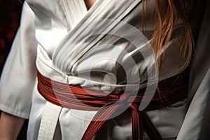 close-up of a white karate belt tied around a gi