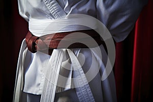 close-up of a white karate belt tied around a gi