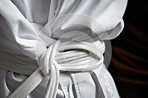close-up of a white karate belt tied around a gi
