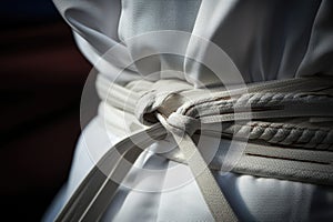 close-up of a white karate belt tied around a gi