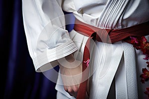 close-up of a white karate belt tied around a gi