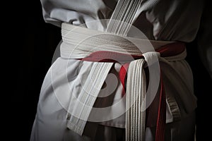 close-up of a white karate belt tied around a gi