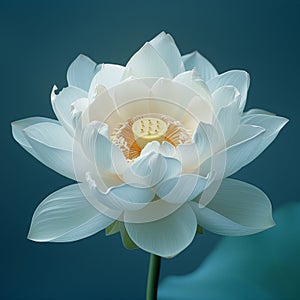 Close-up of a white lotus flower, with a detailed view of its seed pod, white petals, and subtle shades against a dark blue