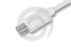 Close up white mini USB cable plug isolated on white background