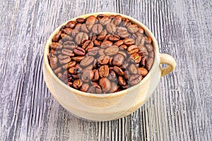 Close-up of a white mug filled with freshly-roasted coffee beans placed on a wooden tabletop