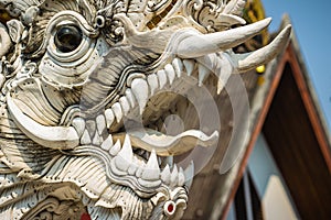 Close up white naga heads open mouth with white fangs in Thai's style patterned in Buddhist temple. Scary white head of the serpe