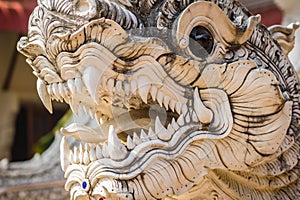 Close up white naga heads open mouth with white fangs in Thai's style patterned in Buddhist temple. Scary white head of the serpe