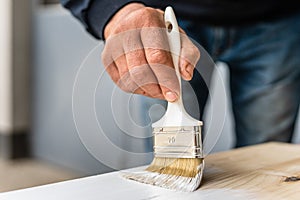 Close up on white paint brush in the hand of unknown man painting wooden board hobby and renovation repairing concept