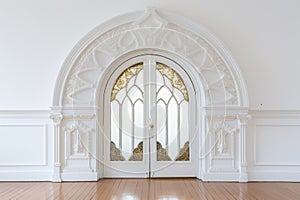 close-up on a white paneled door with an intricate fanlight