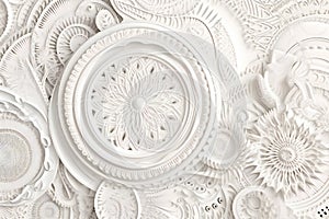 Close-up of white paper plates with carved ornaments