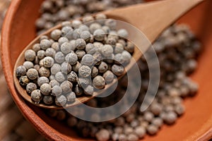 White pepper on wooden spoon, most important flavorings in East Asia photo