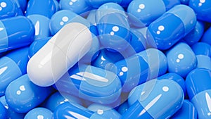 Close up of white pill capsule in many blue pills capsules. Medicine and Specialty Pharmaceuticals concept.,3d model and