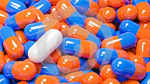 Close up of white pill capsule in many orange and blue pills capsules. Medicine and Specialty Pharmaceuticals concept.,3d model