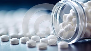 Close up of white pills spilling out of pill bottle on blurred background