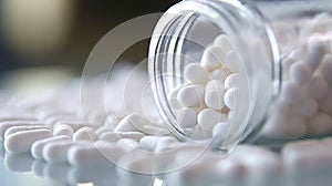 Close up of white pills spilling out of pill bottle on blurred background