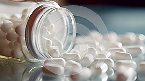 Close up of white pills spilling out of pill bottle on blurred background