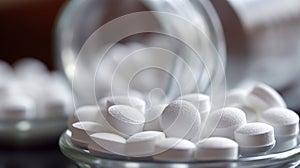 Close up of white pills spilling out of pill bottle on blurred background