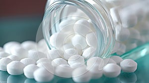 Close up of white pills spilling out of pill bottle on blurred background