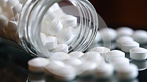 Close up of white pills spilling out of pill bottle on blurred background