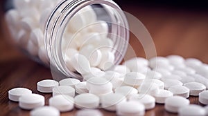 Close up of white pills spilling out of pill bottle on blurred background