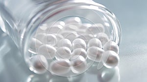 Close up of white pills spilling out of pill bottle on blurred background