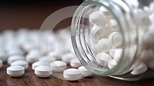 Close up of white pills spilling out of pill bottle on blurred background