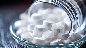 Close up of white pills spilling out of pill bottle on blurred background