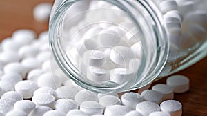 Close up of white pills spilling out of pill bottle on blurred background