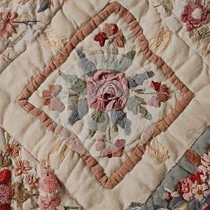 Close-Up of White Quilt with Pink Rose Applique