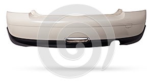 Close up of a white rear car bumper isolated on white background. Spare parts catalog for bodyshop, garage and paint services