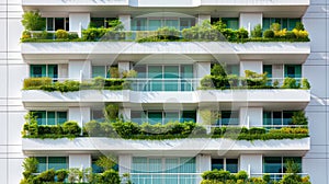 Close-up of a white residential building adorned with vibrant greenery on each balcony, blending urban living with eco
